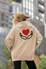 Heart in Hands Oversize Hoodie L - Arkaya  Baskı - Taş Rengi