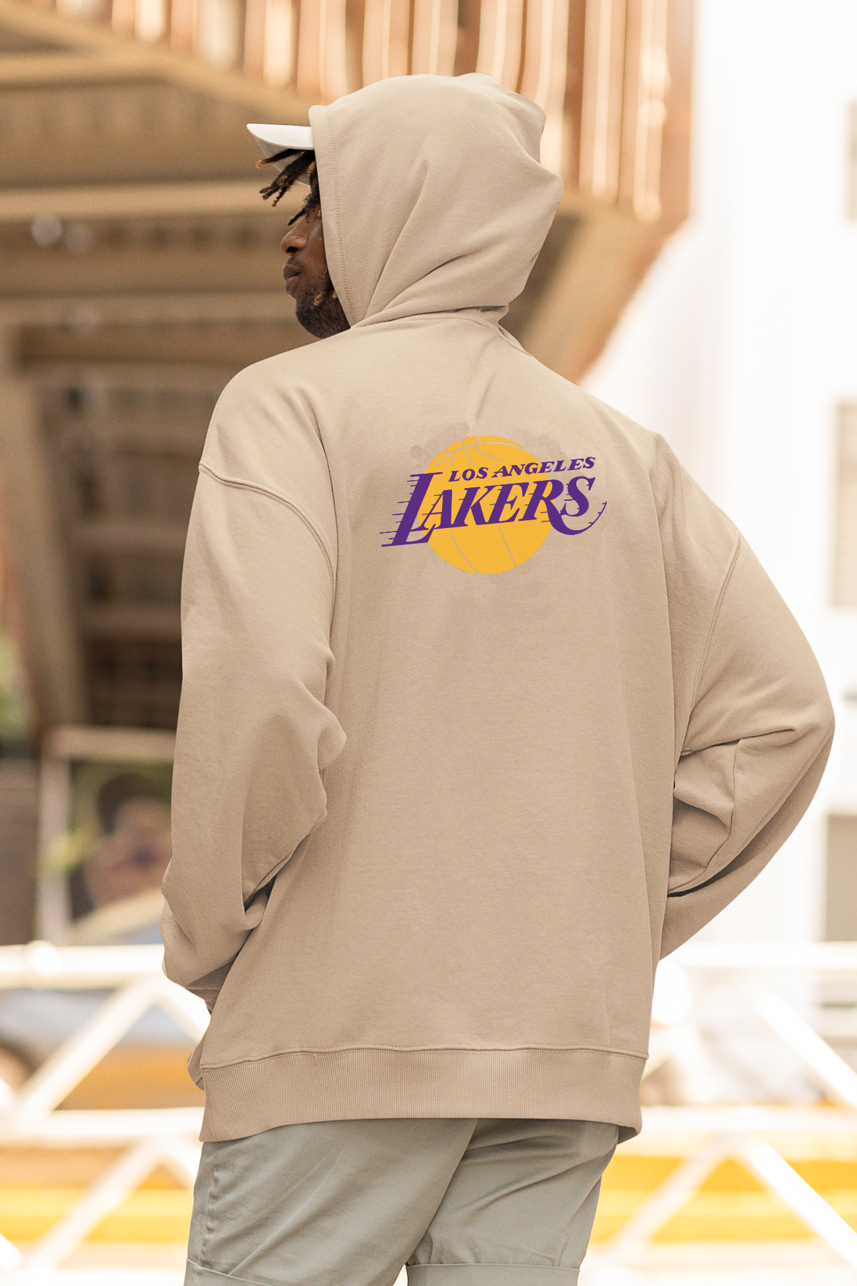NBA Los Angeles Lakers Oversize Hoodie L - Arkaya  Baskı - Taş Rengi