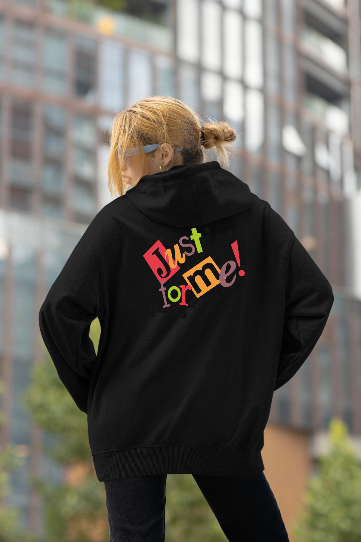 Just For Me Oversize Hoodie M - Arkaya  Baskı - Siyah