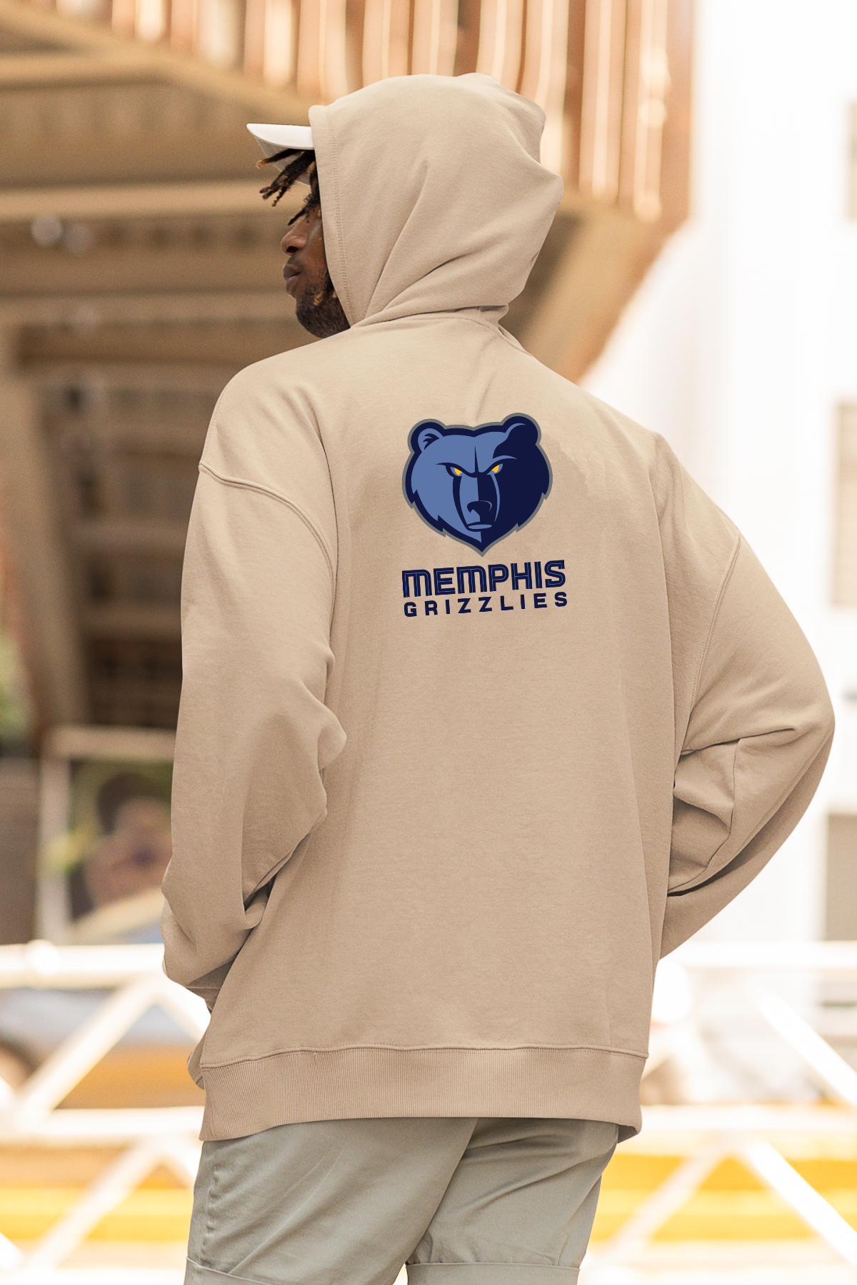 NBA Memphis Grizzlies Oversize Hoodie L - Arkaya  Baskı - Taş Rengi
