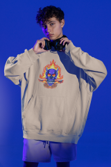 Blue Skull Rose Hellfire Oversize Hoodie S - Öne Baskı - Taş Rengi