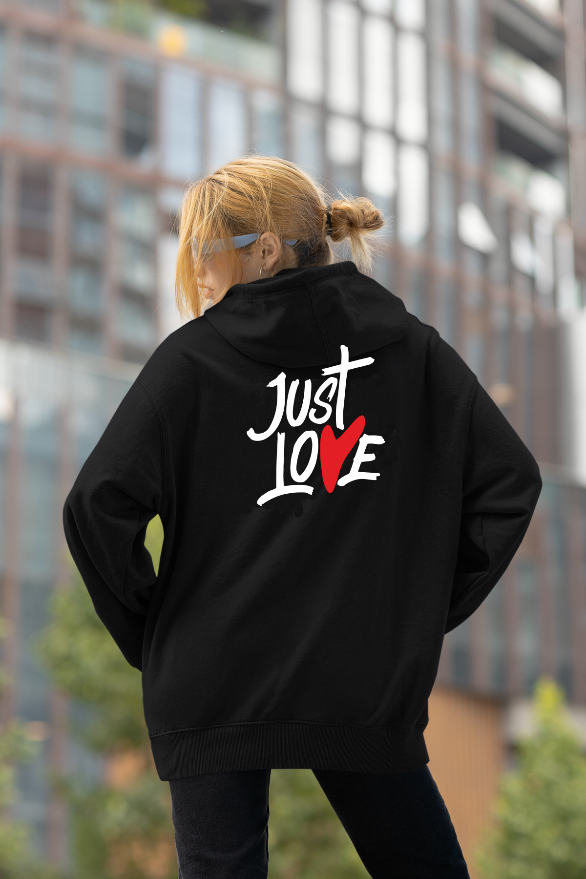 Just Love Oversize Hoodie L - Arkaya  Baskı - Siyah