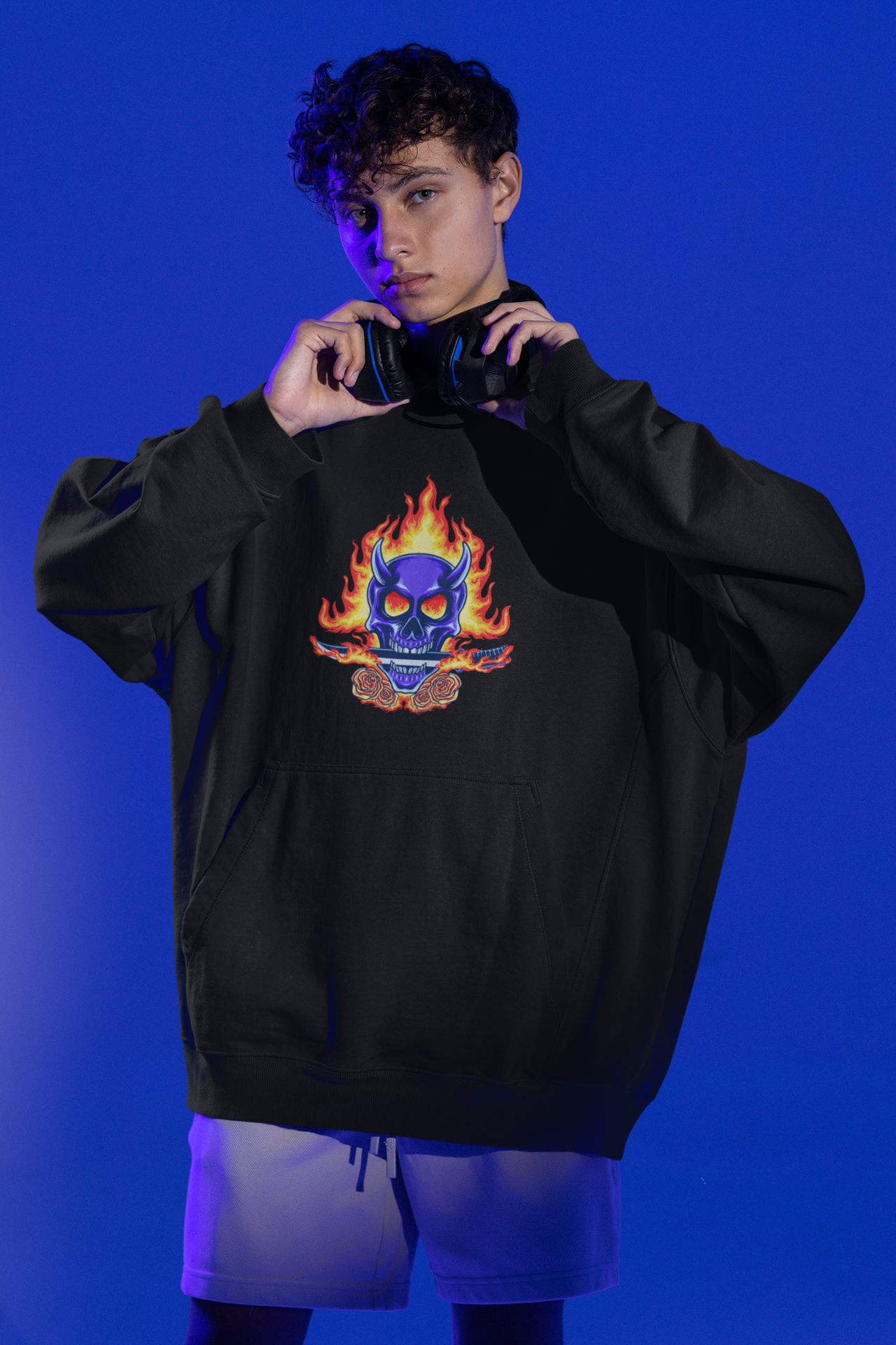 Blue Skull Rose Hellfire Oversize Hoodie M - Öne Baskı - Siyah