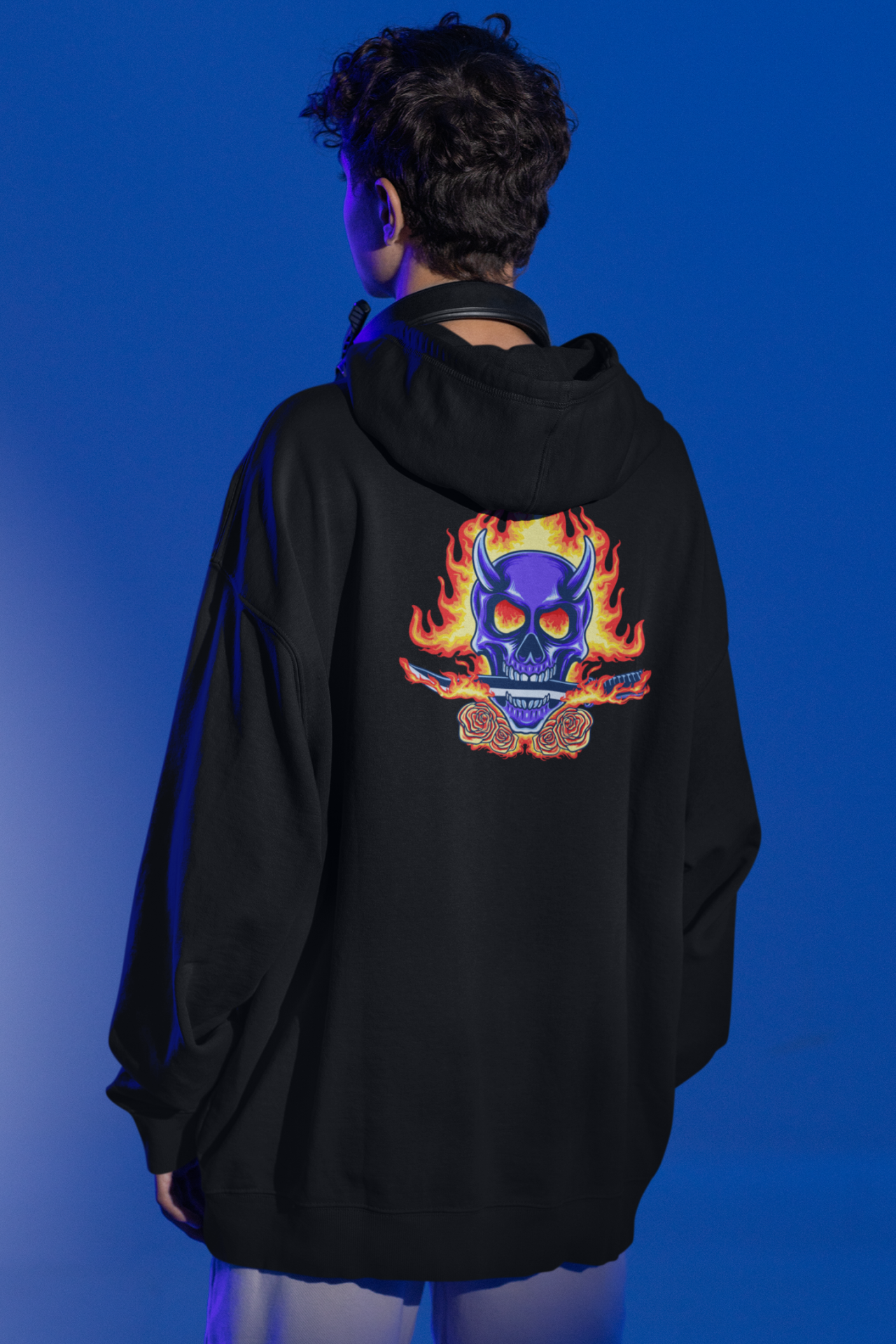 Blue Skull Rose Hellfire Oversize Hoodie M - Arkaya  Baskı - Siyah