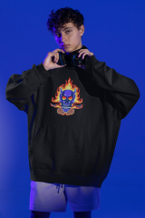 Blue Skull Rose Hellfire Oversize Hoodie S - Öne Baskı - Siyah