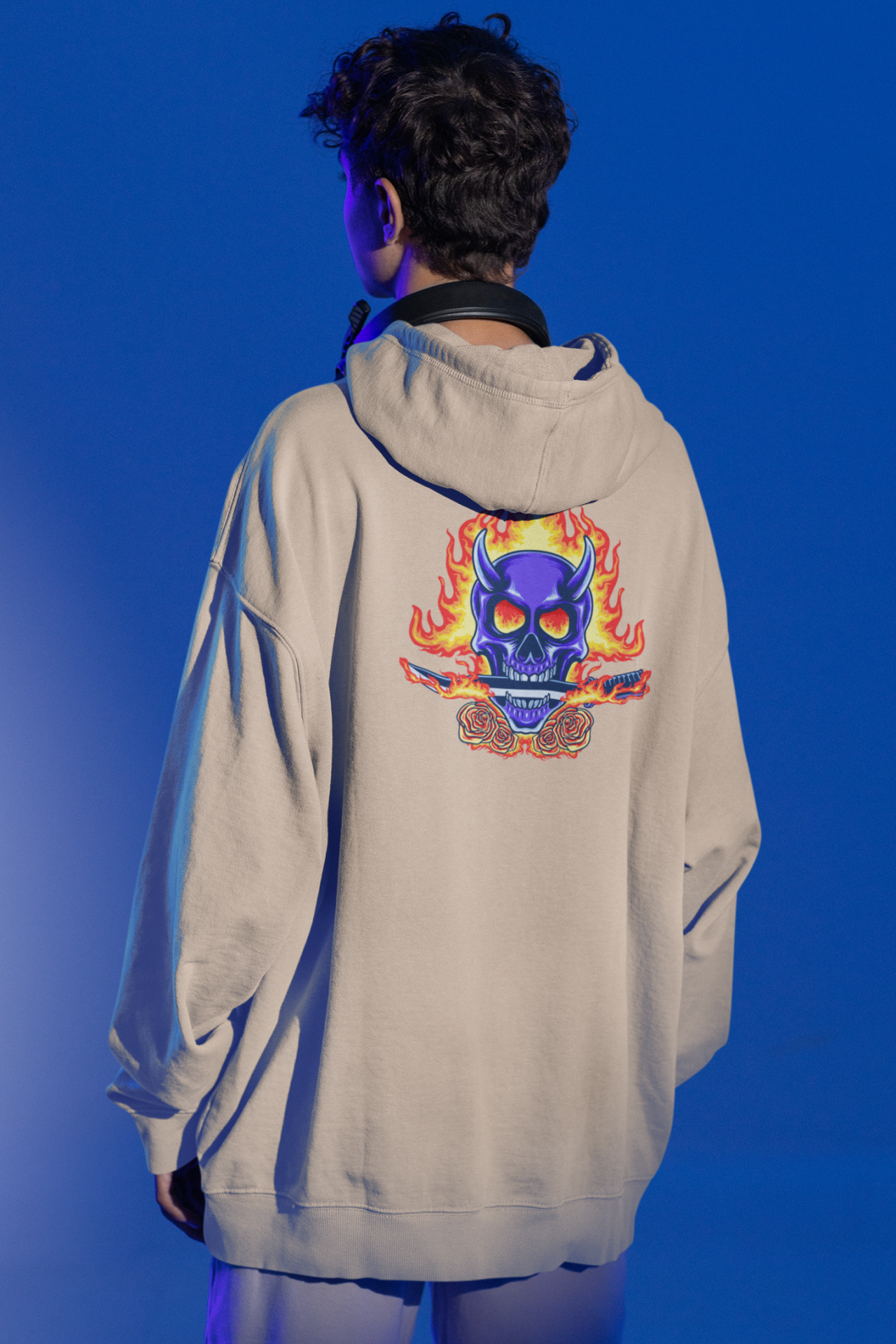 Blue Skull Rose Hellfire Oversize Hoodie XL - Arkaya  Baskı - Taş Rengi