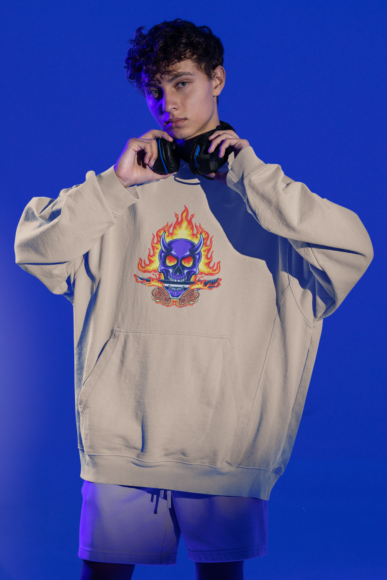 Blue Skull Rose Hellfire Oversize Hoodie L - Öne Baskı - Taş Rengi