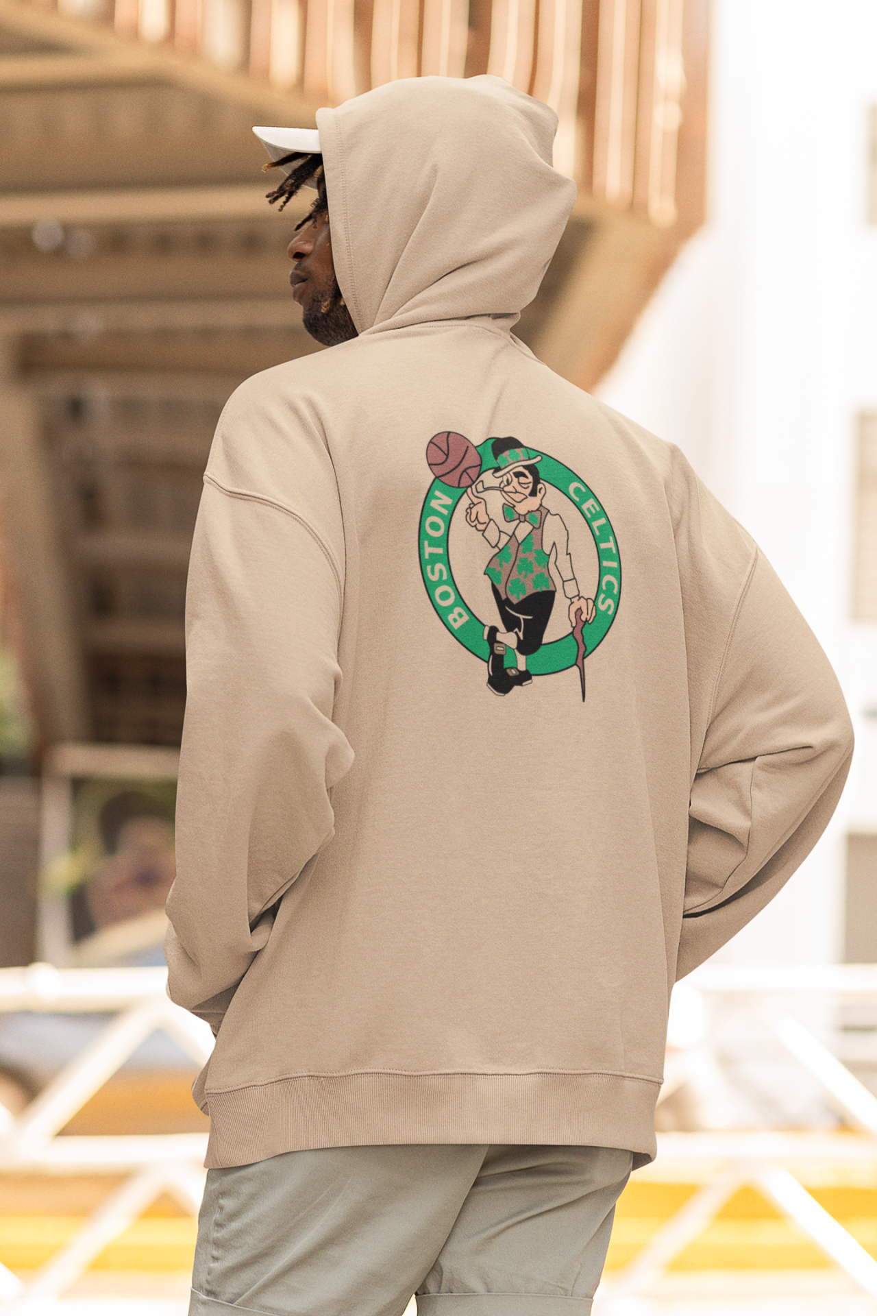 NBA Boston Celtics Oversize Hoodie L - Arkaya  Baskı - Taş Rengi