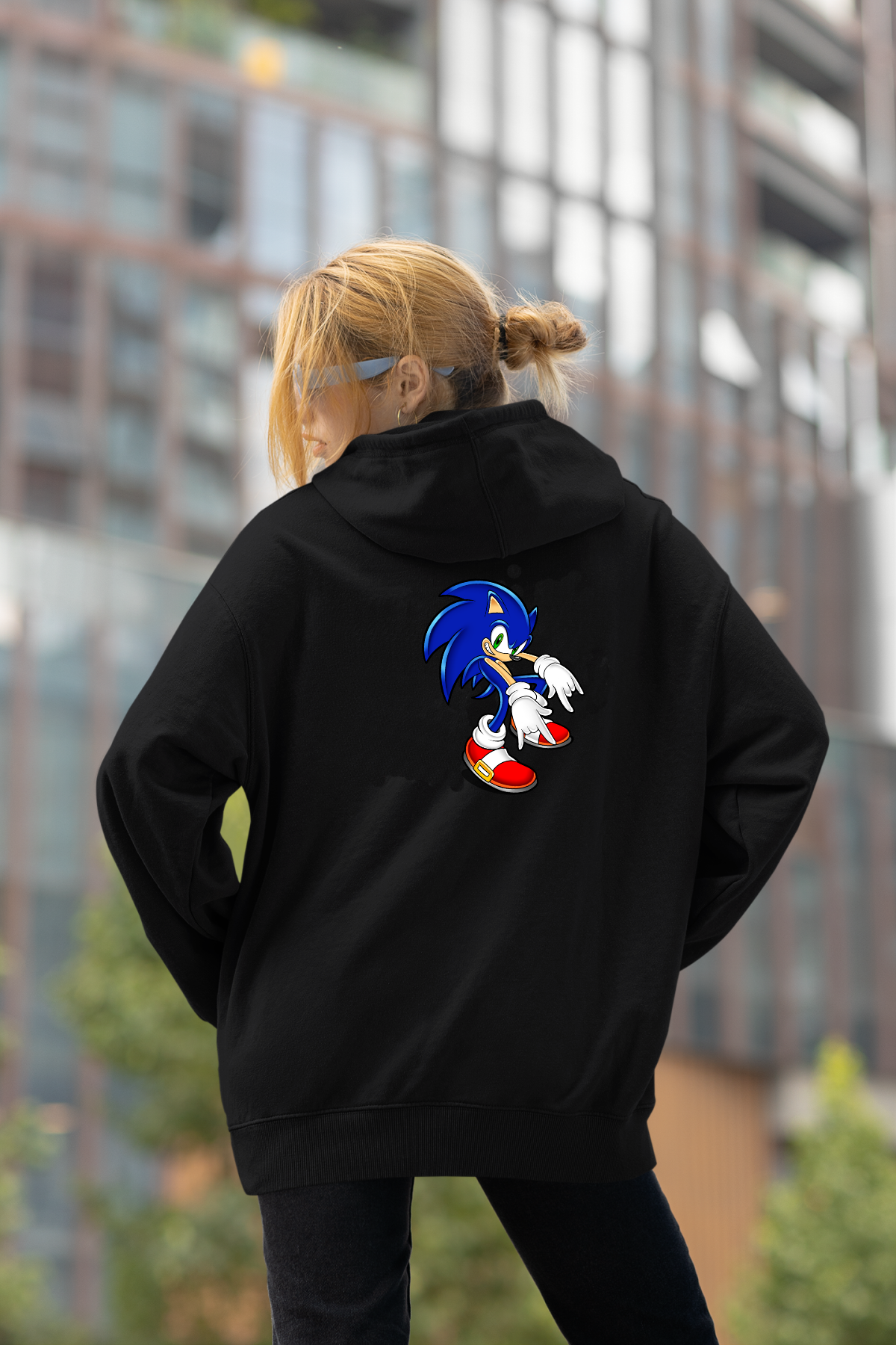 Sonic Oversize Hoodie S - Arkaya  Baskı - Siyah