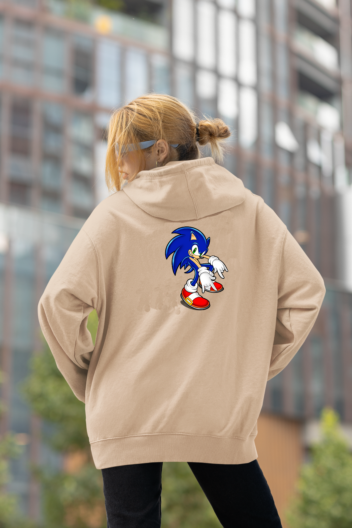 Sonic Oversize Hoodie L - Arkaya  Baskı - Taş Rengi