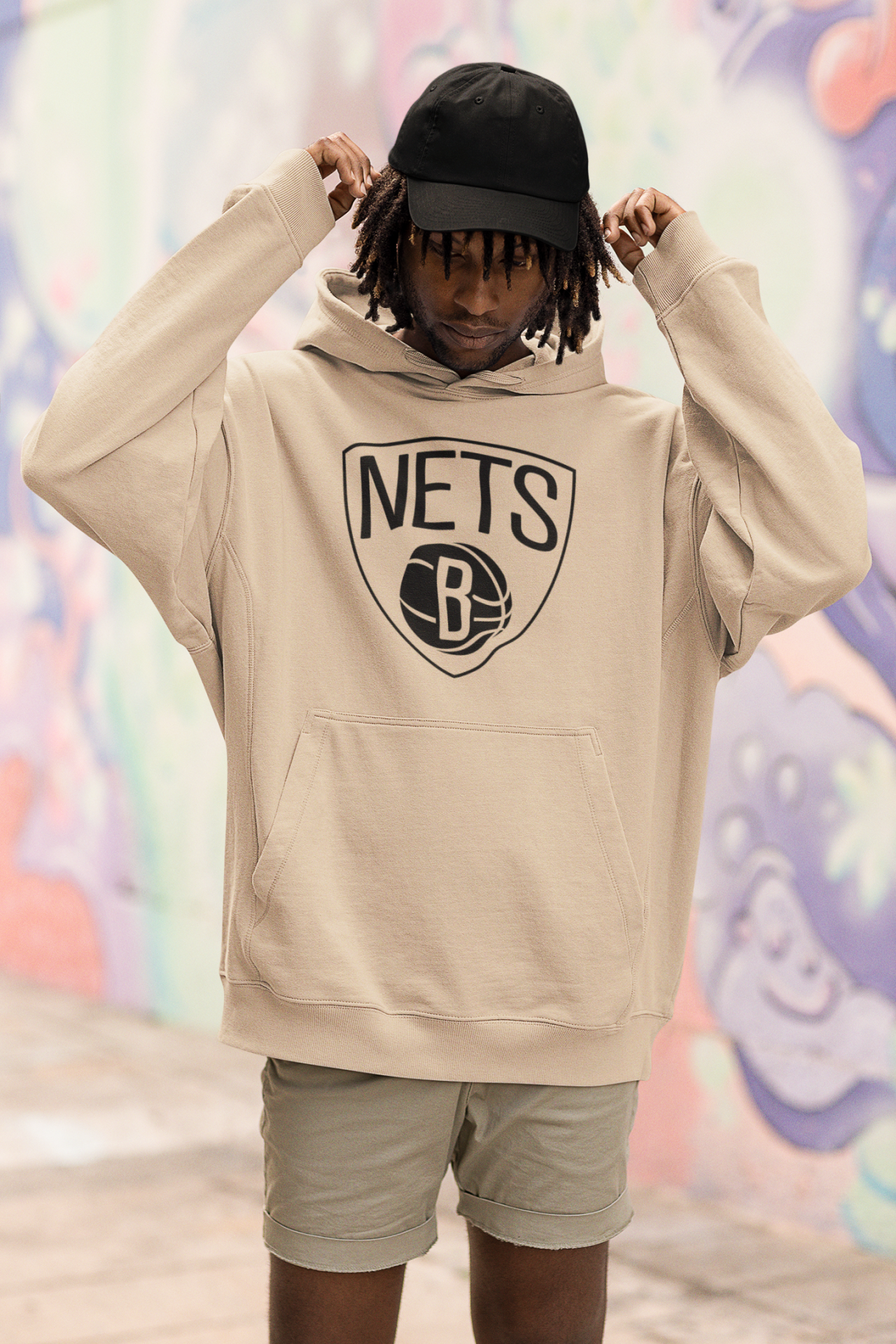 NBA Brooklyn Nets Oversize Hoodie M - Öne Baskı - Taş Rengi
