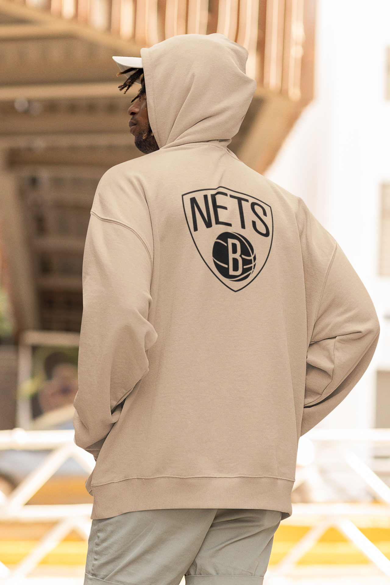 NBA Brooklyn Nets Oversize Hoodie S - Arkaya  Baskı - Taş Rengi
