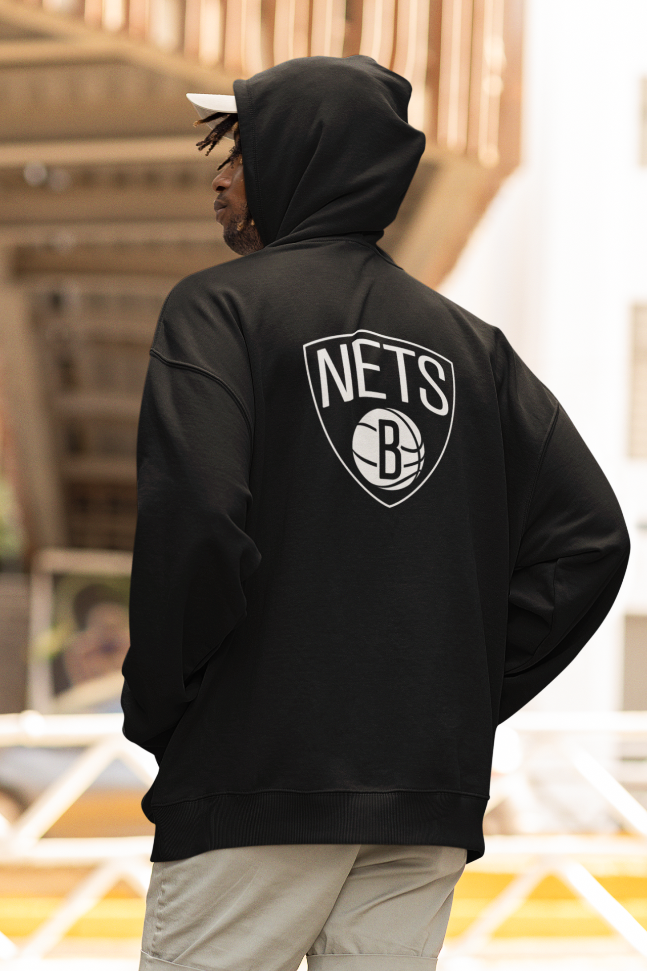 NBA Brooklyn Nets Oversize Hoodie XL - Arkaya  Baskı - Siyah