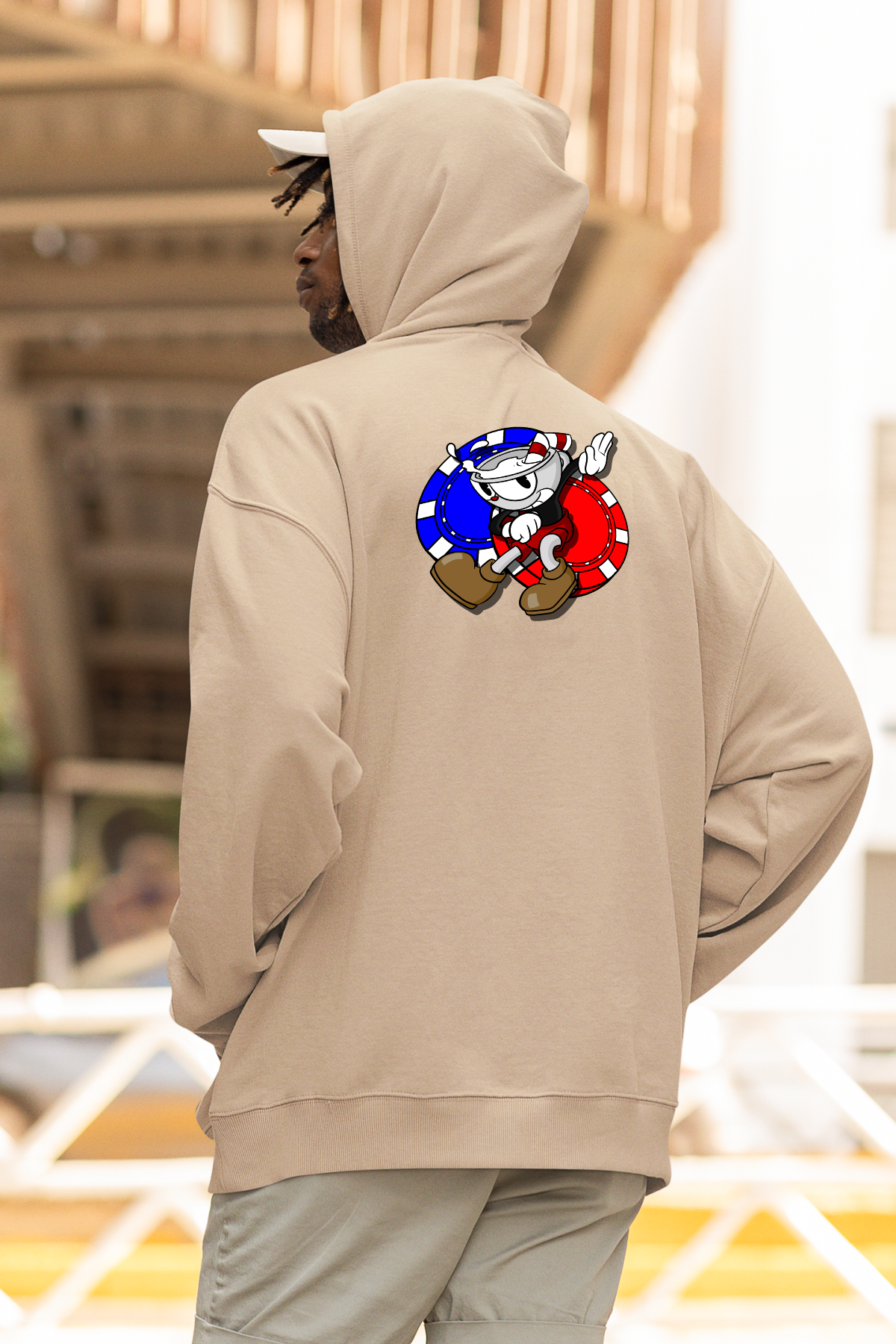 The Cup Head Show Casino Oversize Hoodie M - Arkaya  Baskı - Taş Rengi