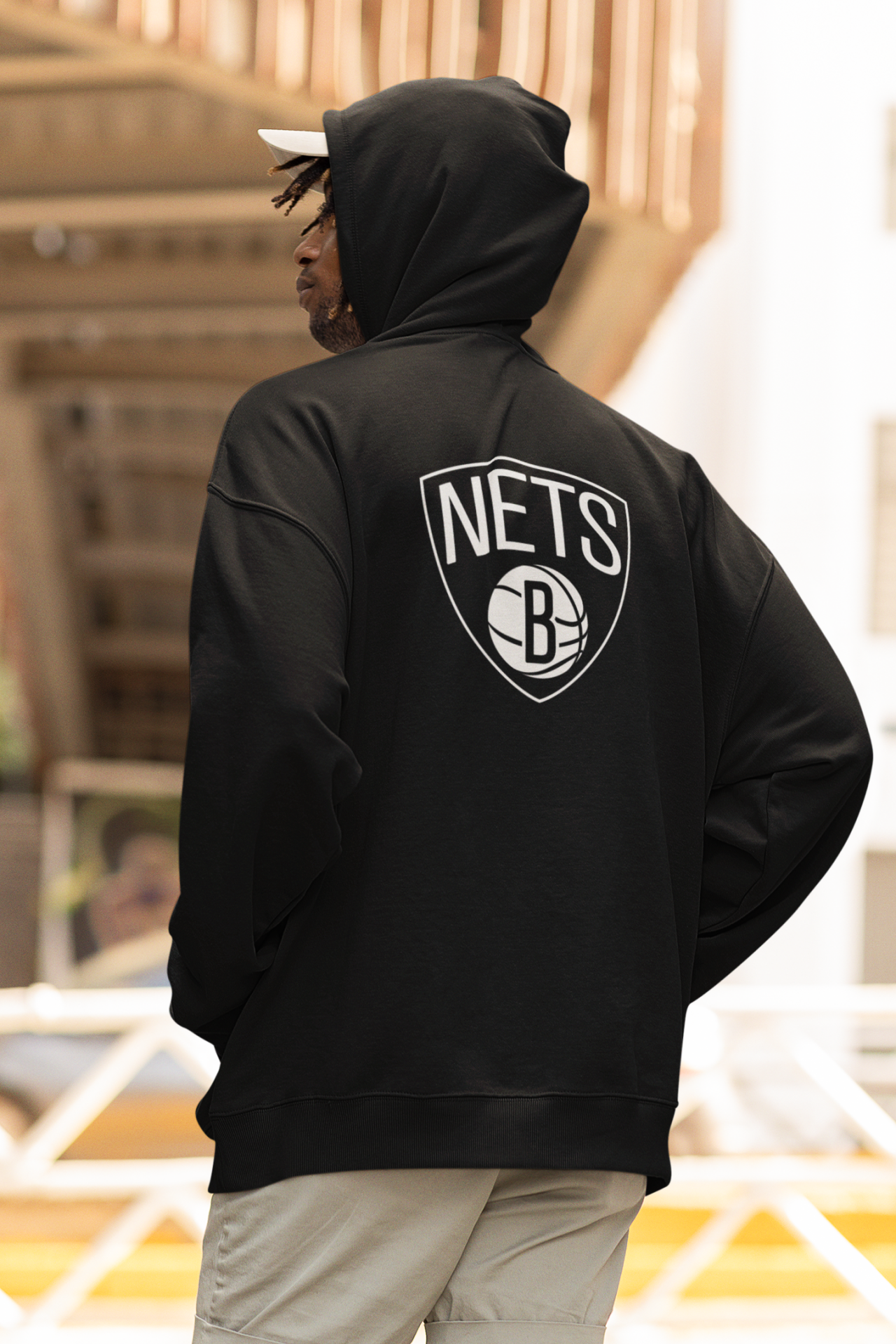 NBA Brooklyn Nets Oversize Hoodie L - Arkaya  Baskı - Siyah