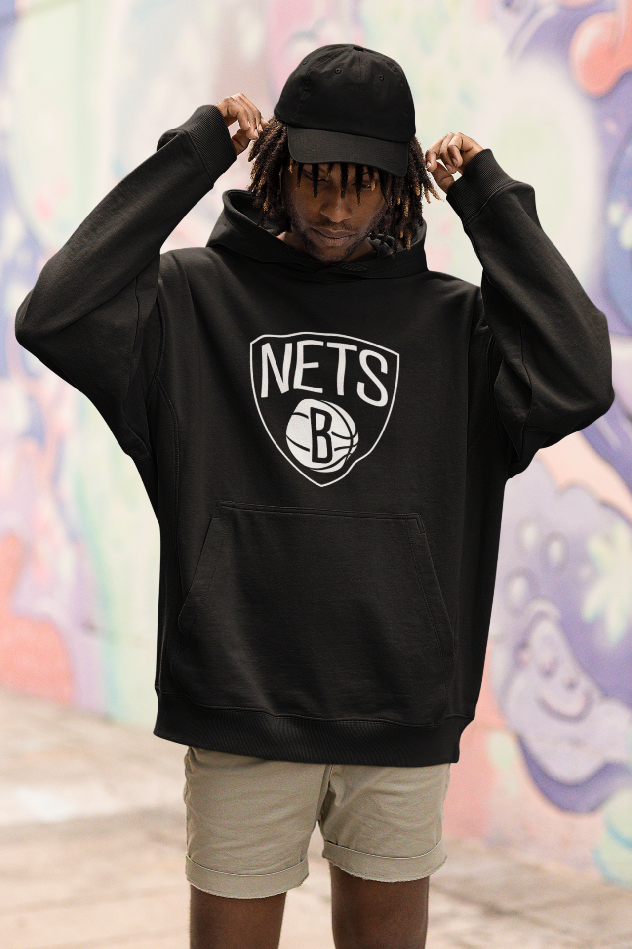 NBA Brooklyn Nets Oversize Hoodie S - Öne Baskı - Siyah