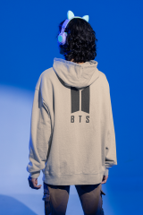 BTS Logo Oversize Hoodie L - Arkaya  Baskı - Taş Rengi