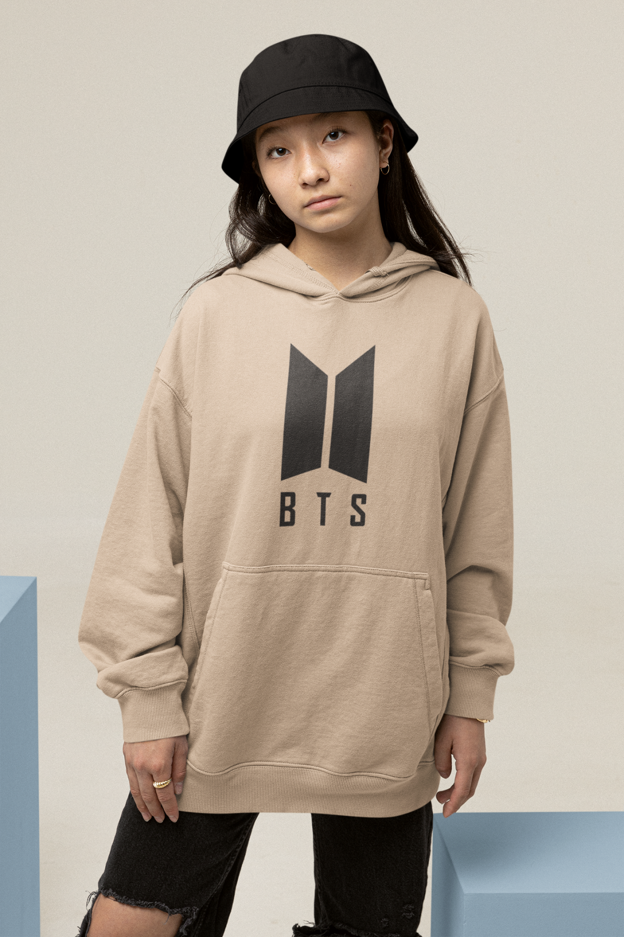 BTS Logo Oversize Hoodie M - Öne Baskı - Taş Rengi