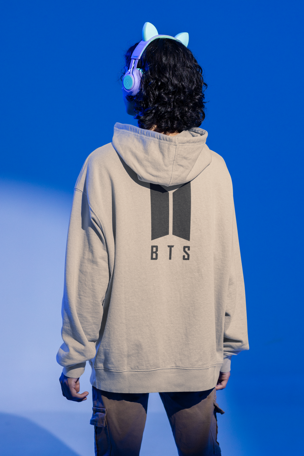 BTS Logo Oversize Hoodie M - Arkaya  Baskı - Taş Rengi
