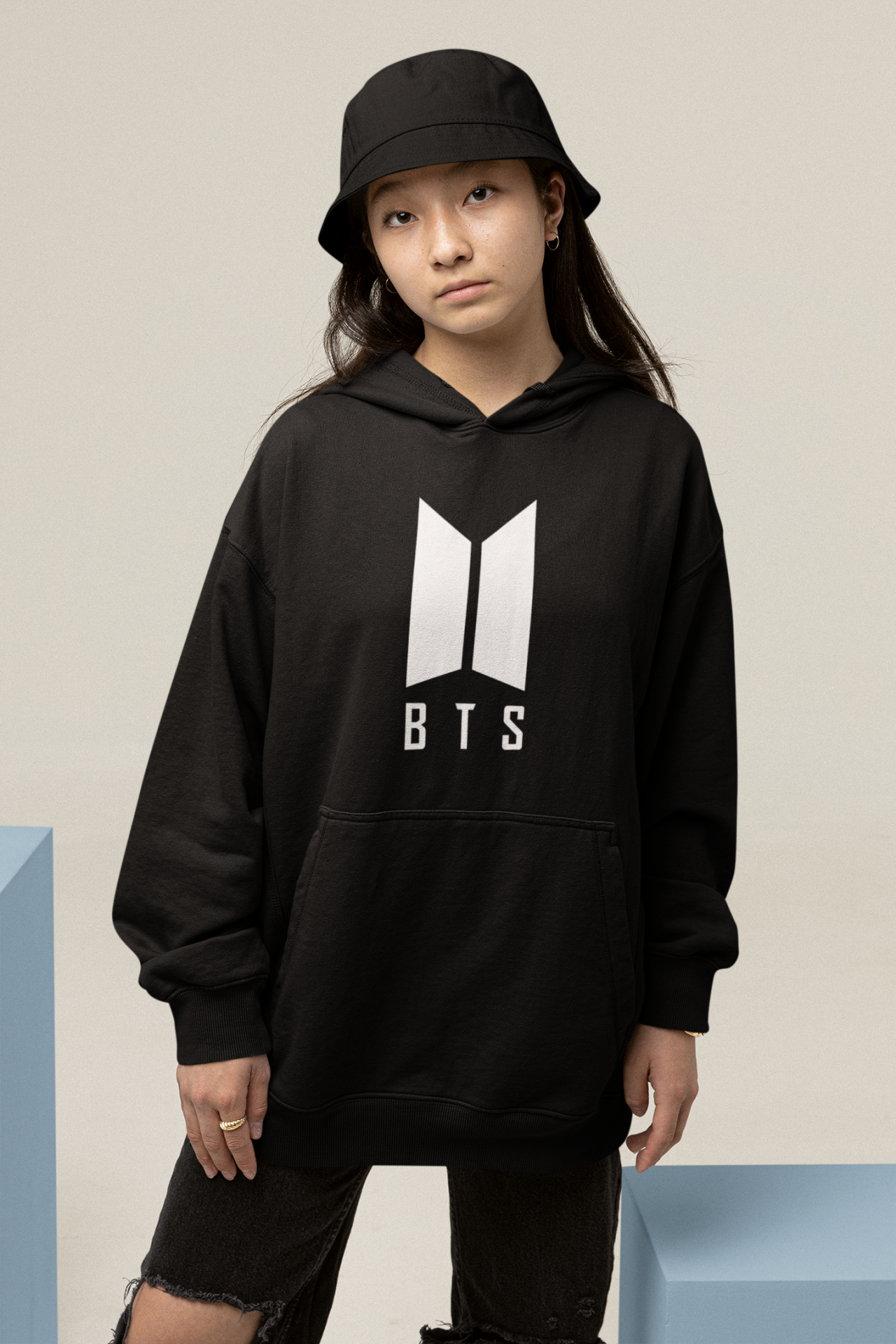 BTS Logo Oversize Hoodie XL - Öne Baskı - Siyah