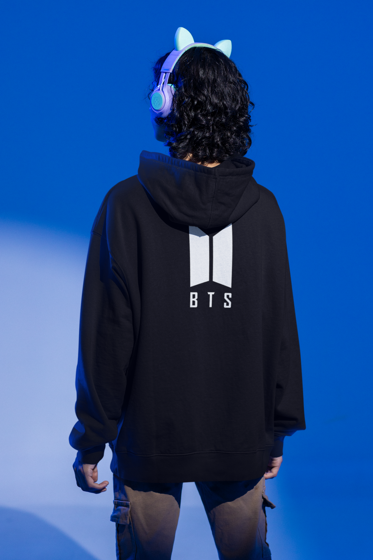 BTS Logo Oversize Hoodie XL - Arkaya  Baskı - Siyah