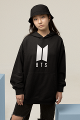 BTS Logo Oversize Hoodie S - Öne Baskı - Siyah