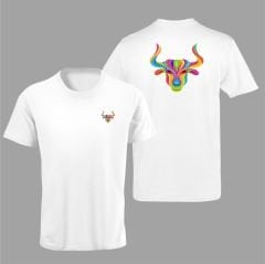 Boğa Burcu Renkli Sembol Çift Taraf Baskılı Beyaz T-Shirt