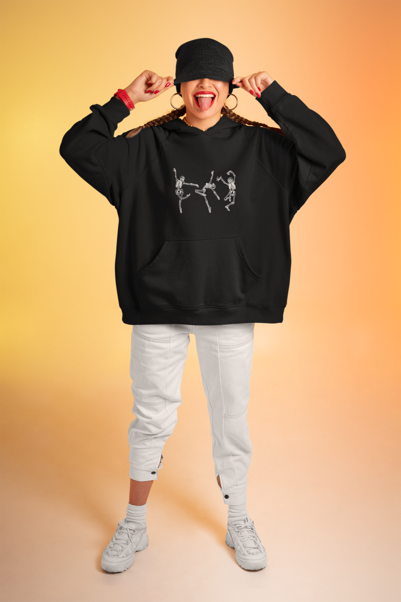 Dancing Skeletons Oversize Hoodie M - Öne Baskı - Siyah