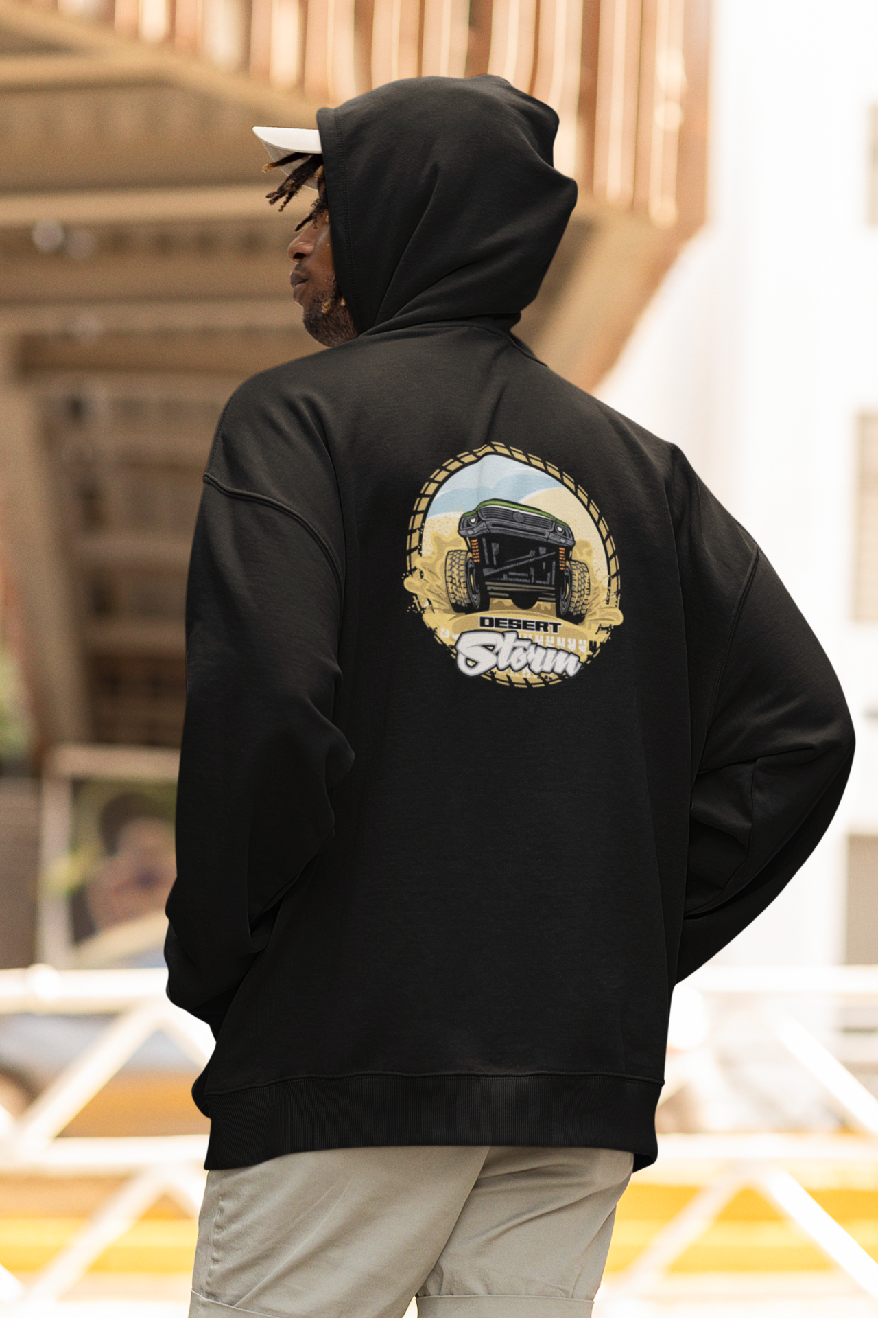 Desert Storm Oversize Hoodie XL - Arkaya  Baskı - Siyah