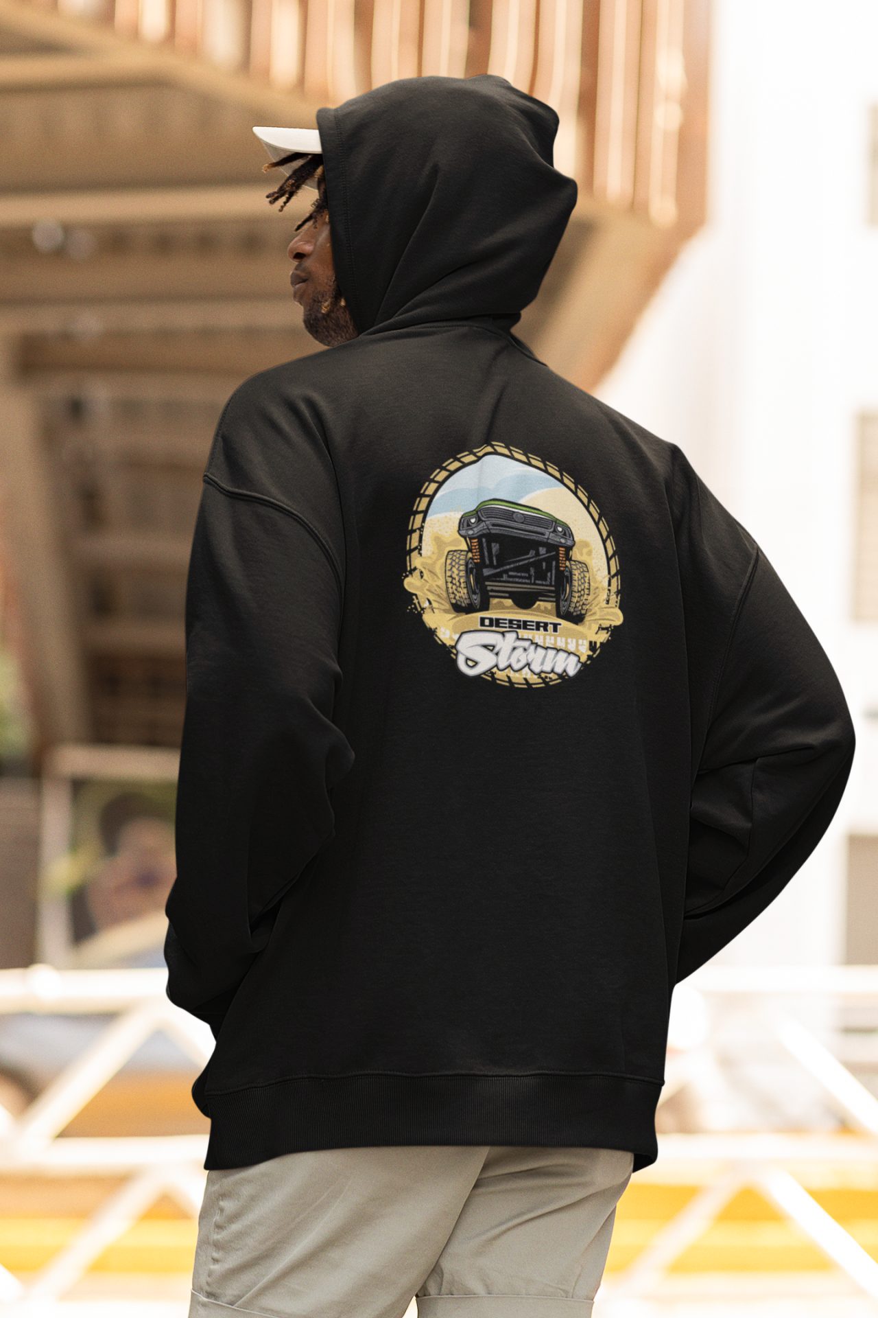 Desert Storm Oversize Hoodie L - Arkaya  Baskı - Siyah