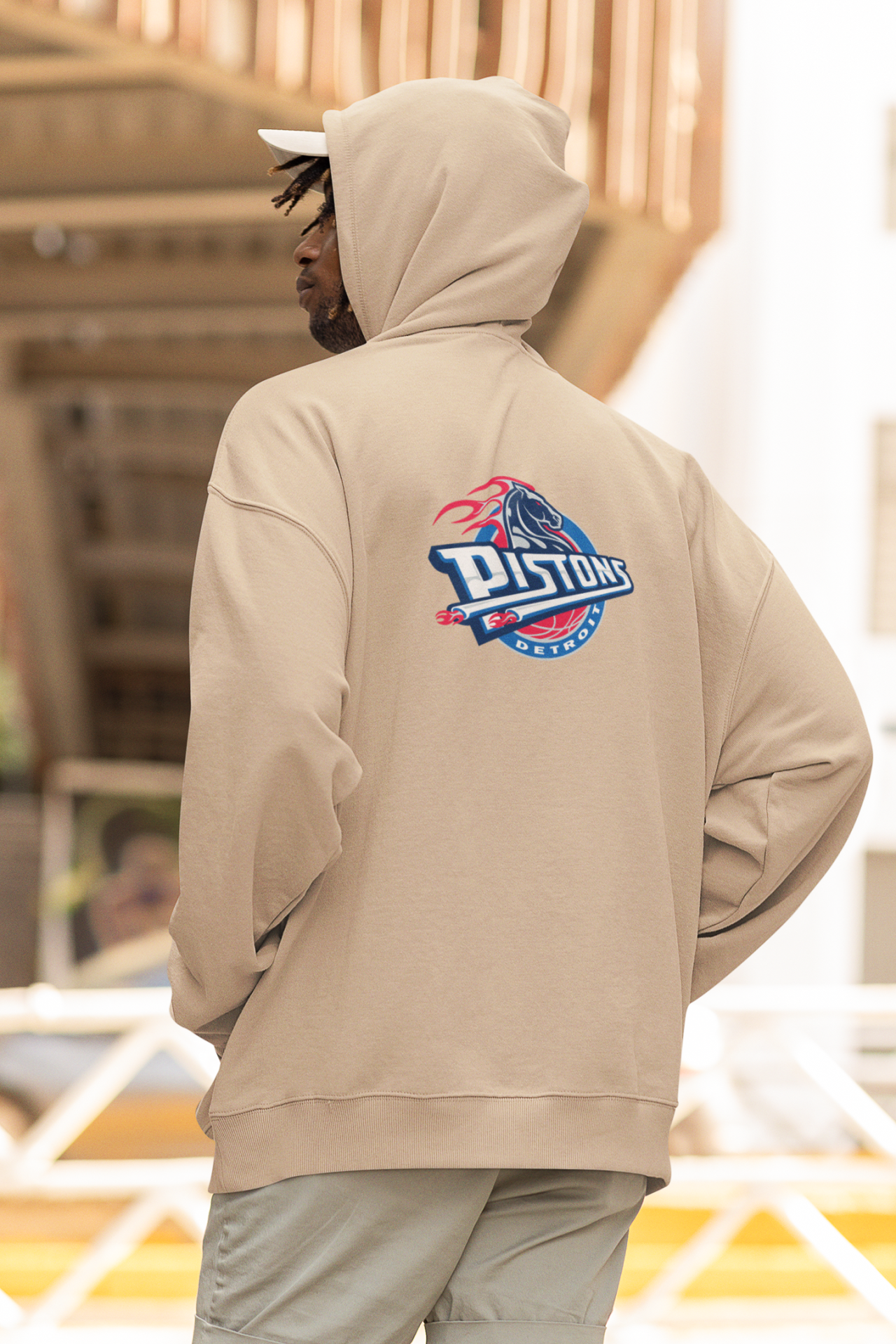 NBA Detroit Pistons Oversize Hoodie L - Arkaya  Baskı - Taş Rengi