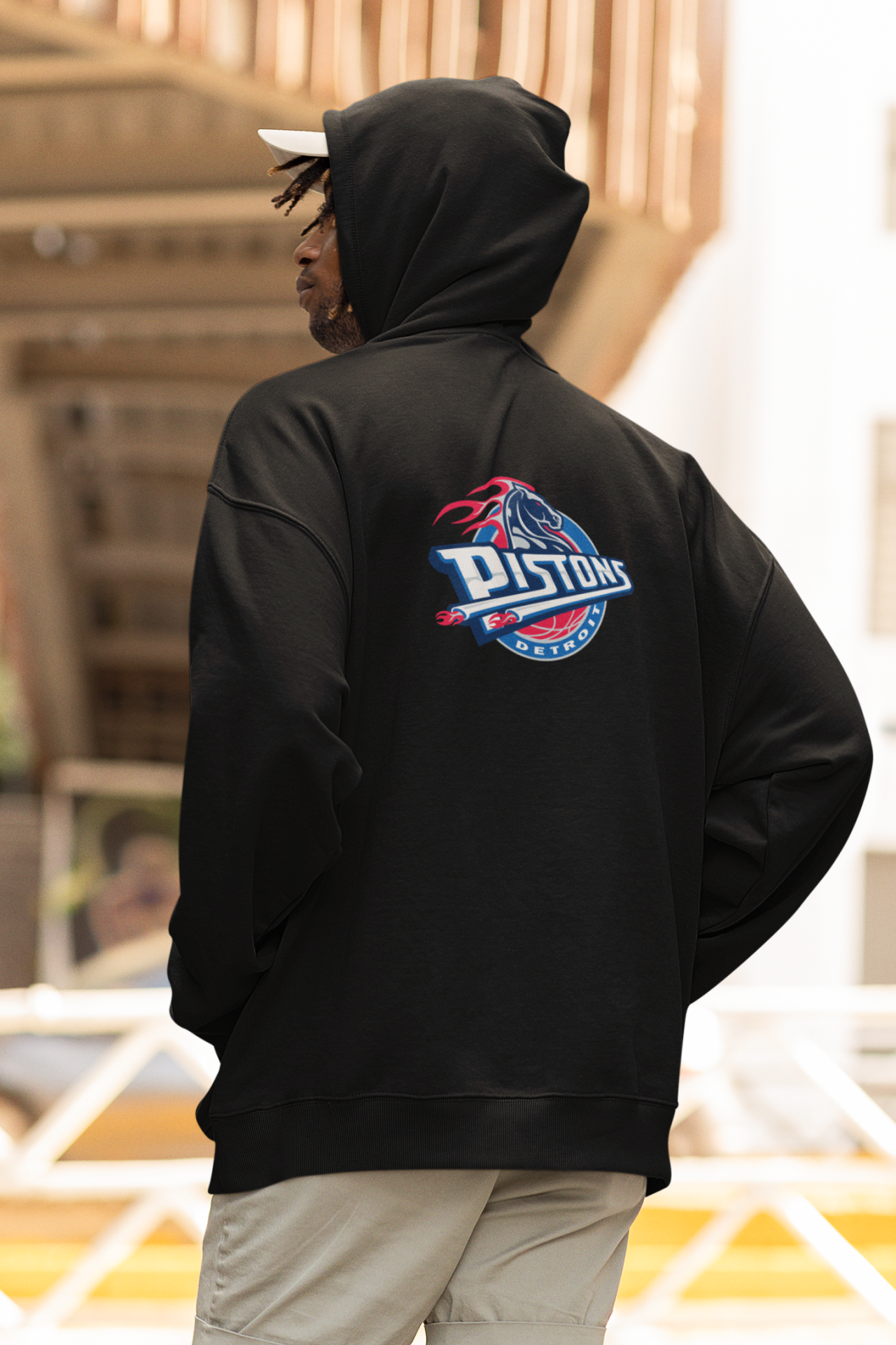 NBA Detroit Pistons Oversize Hoodie XL - Arkaya  Baskı - Siyah