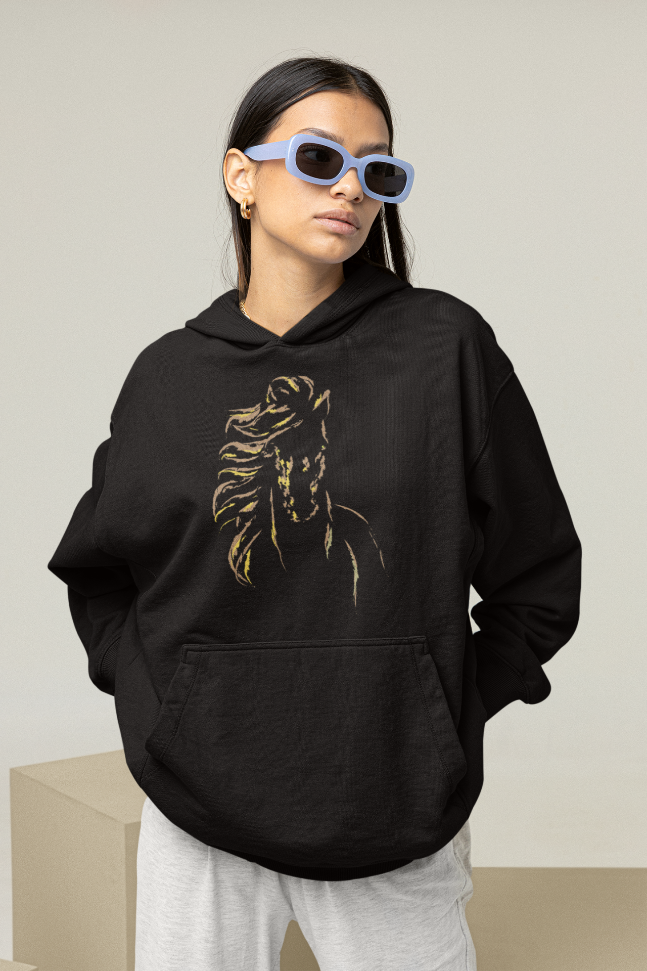 Güneş Atı Oversize Hoodie S - Öne Baskı - Siyah