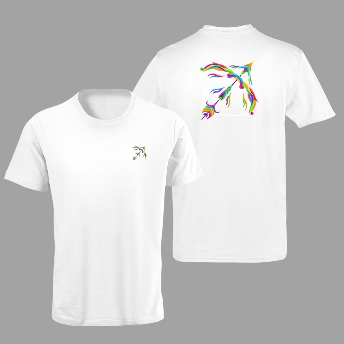 Yay Burcu Renkli Sembol Çift Taraf Baskılı Beyaz T-Shirt