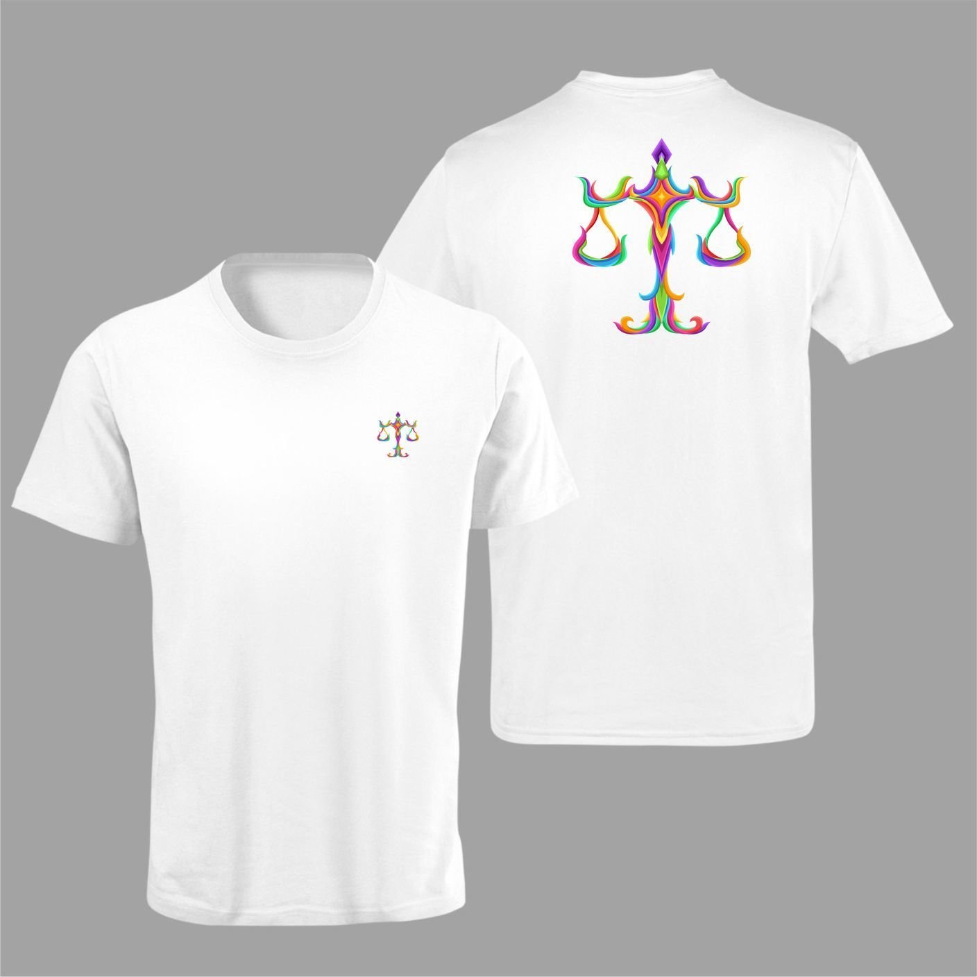 Terazi Burcu Renkli Sembol Çift Taraf Baskılı Beyaz T-Shirt