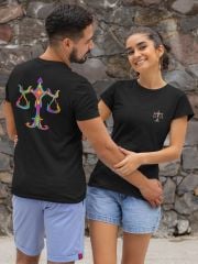 Terazi Burcu Renkli Sembol Çift Taraf Baskılı Siyah T-Shirt