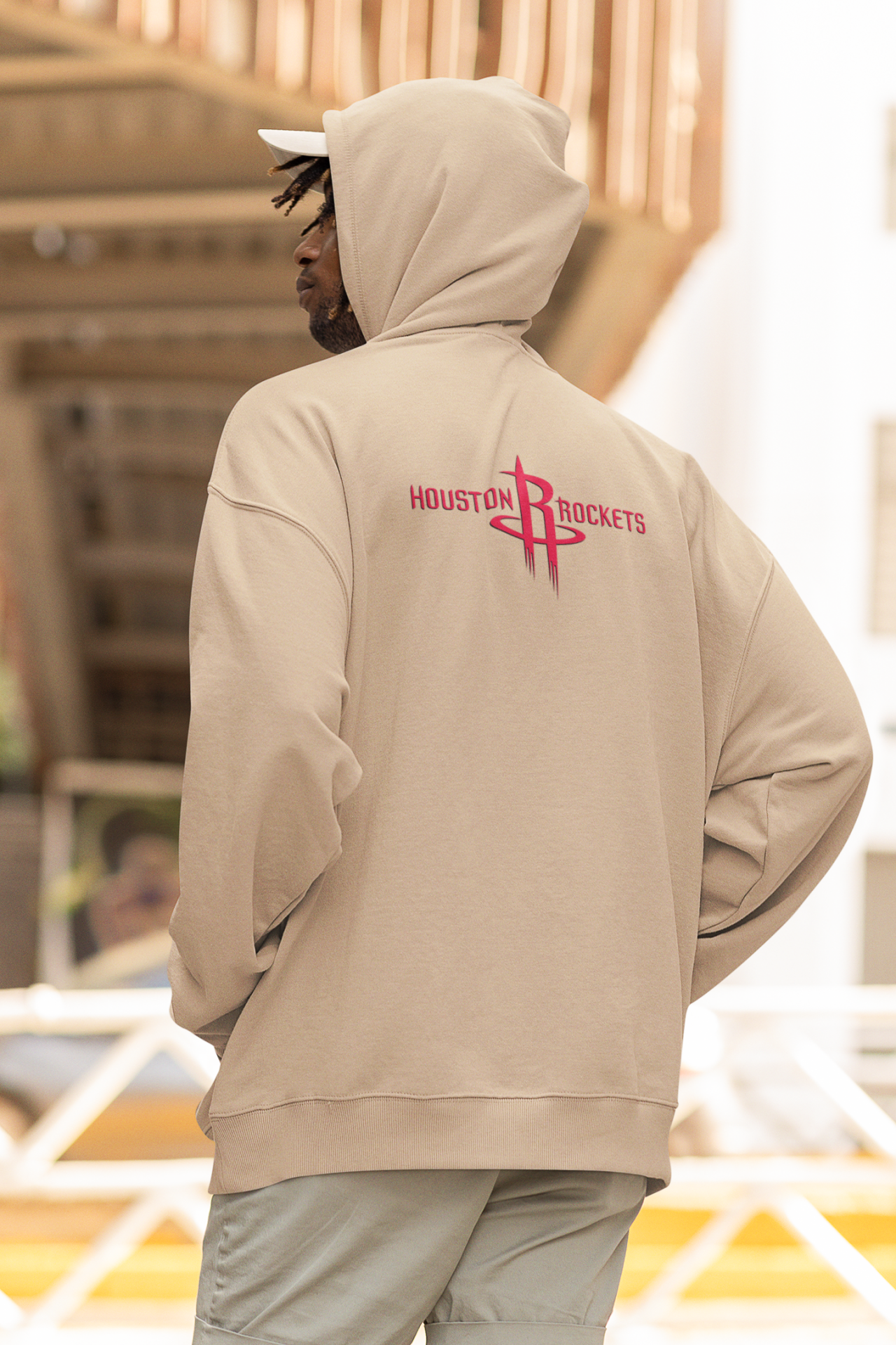 NBA Houston Rockets Oversize Hoodie S - Arkaya  Baskı - Taş Rengi