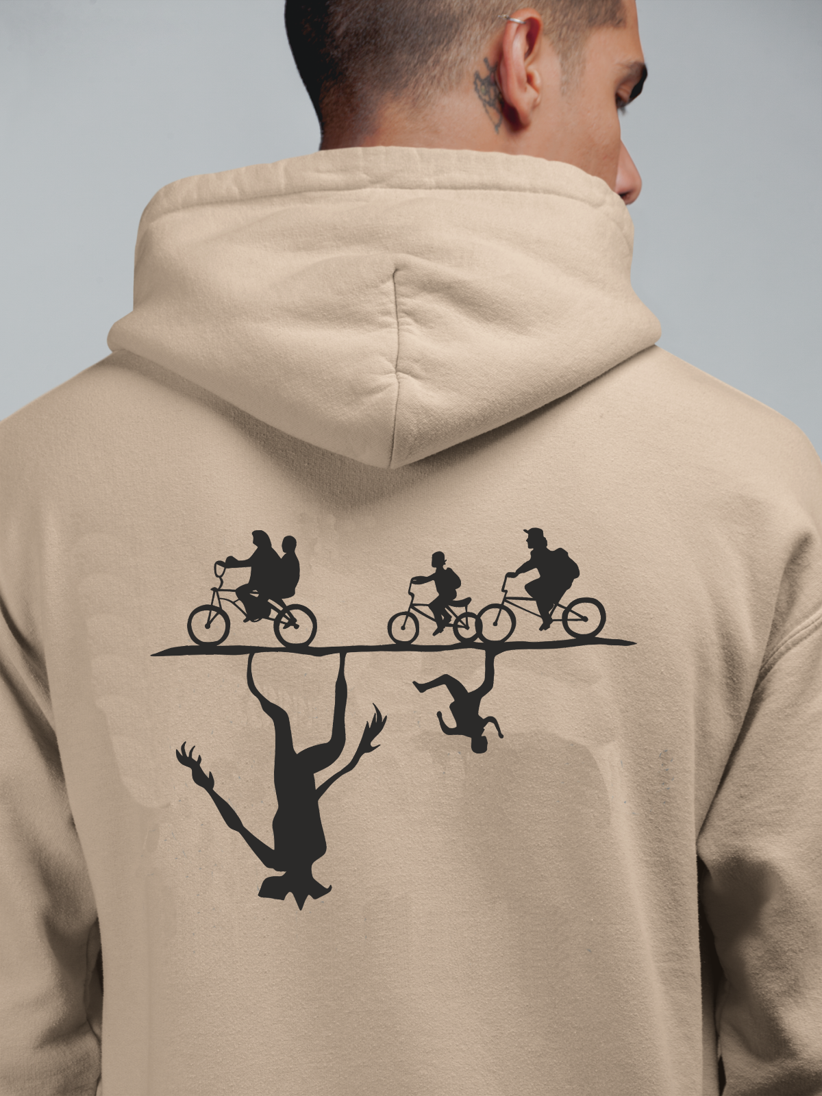 Stranger Things Bisiklet Turu Oversize Hoodie L - Arkaya  Baskı - Taş Rengi
