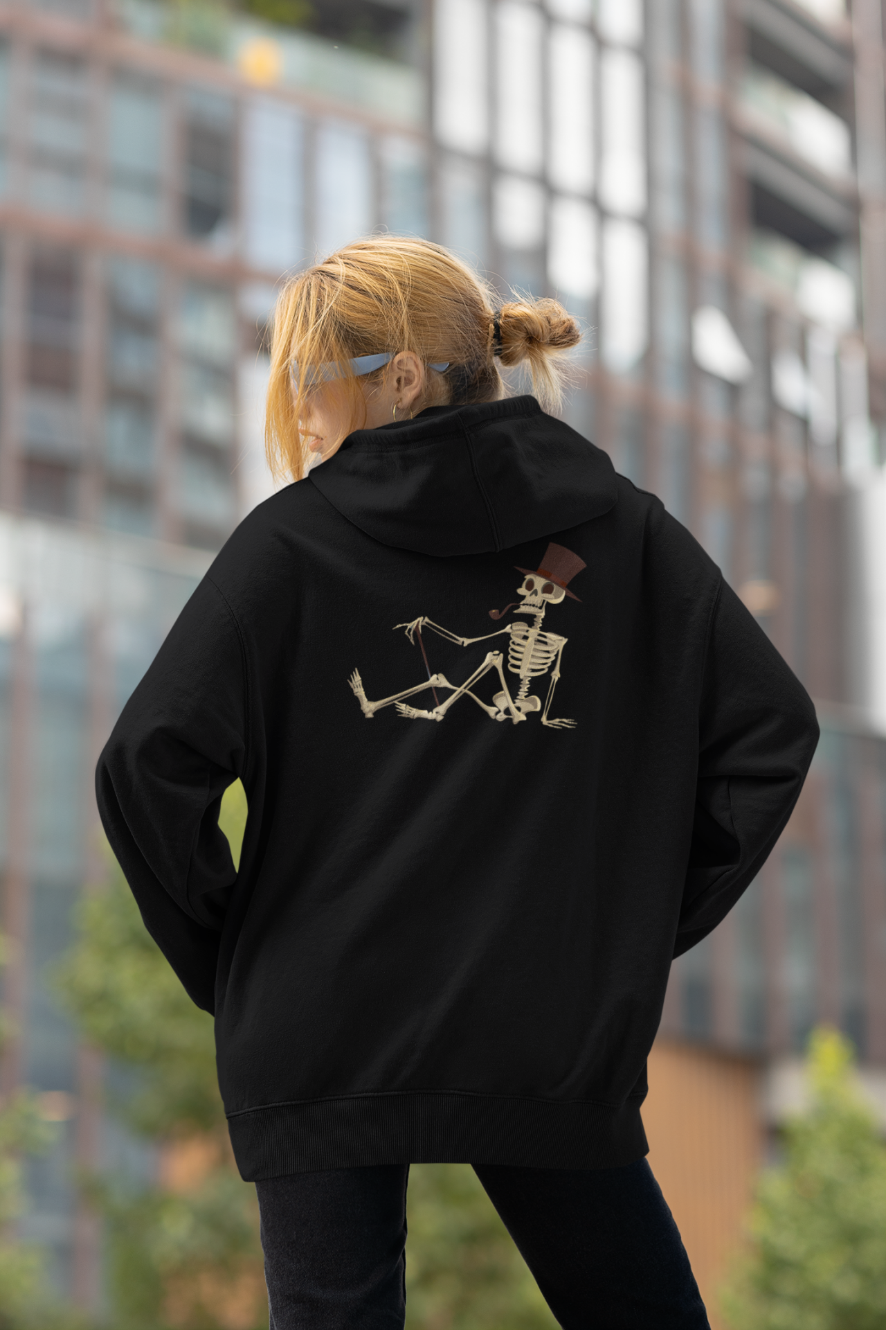 İskelet Baron Oversize Hoodie L - Arkaya  Baskı - Siyah
