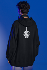 İskelet Orta Parmak Oversize Hoodie M - Arkaya  Baskı - Siyah