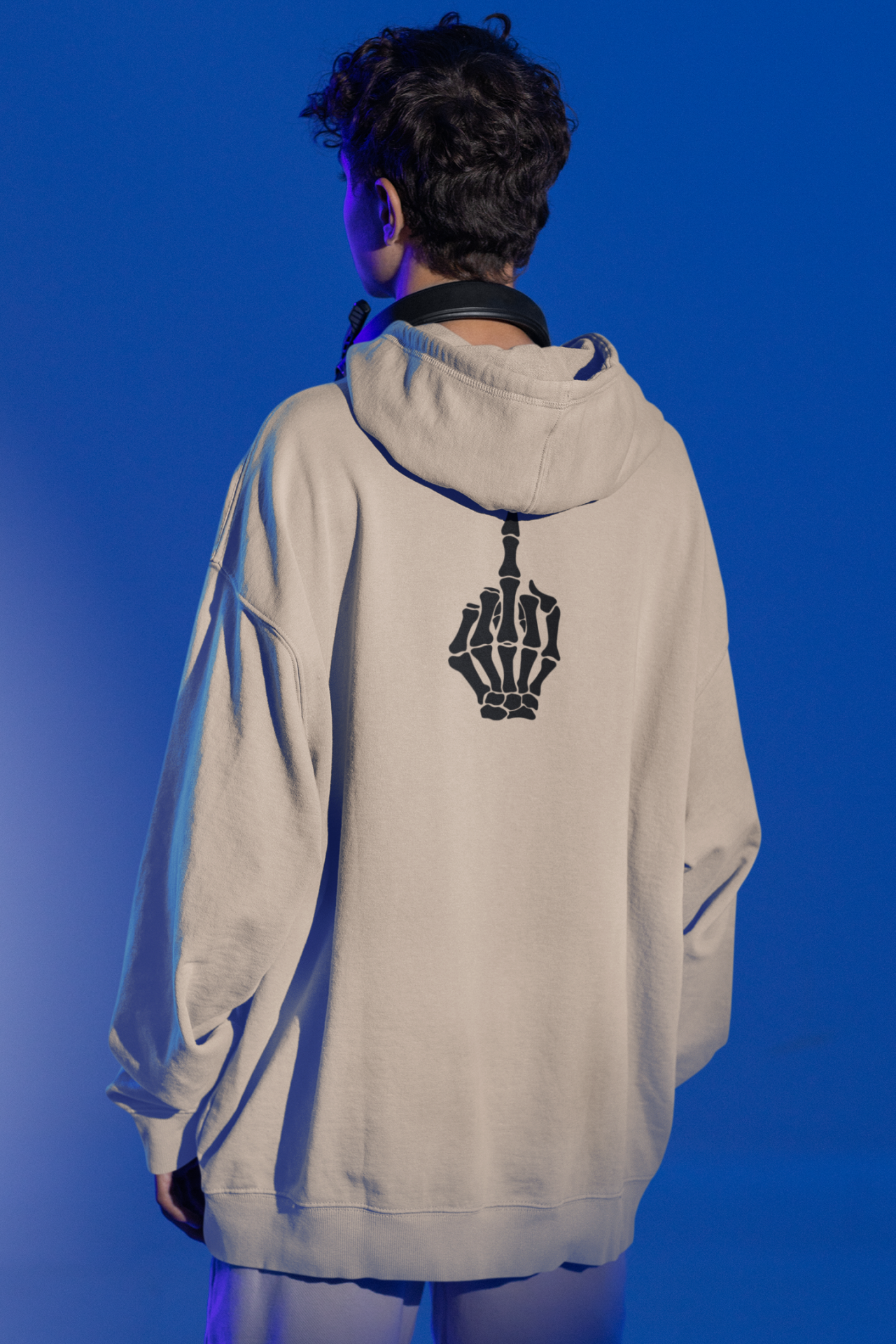 İskelet Orta Parmak Oversize Hoodie XL - Arkaya  Baskı - Taş Rengi