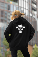 Şapkalı Kurukafa Oversize Hoodie M - Arkaya  Baskı - Siyah
