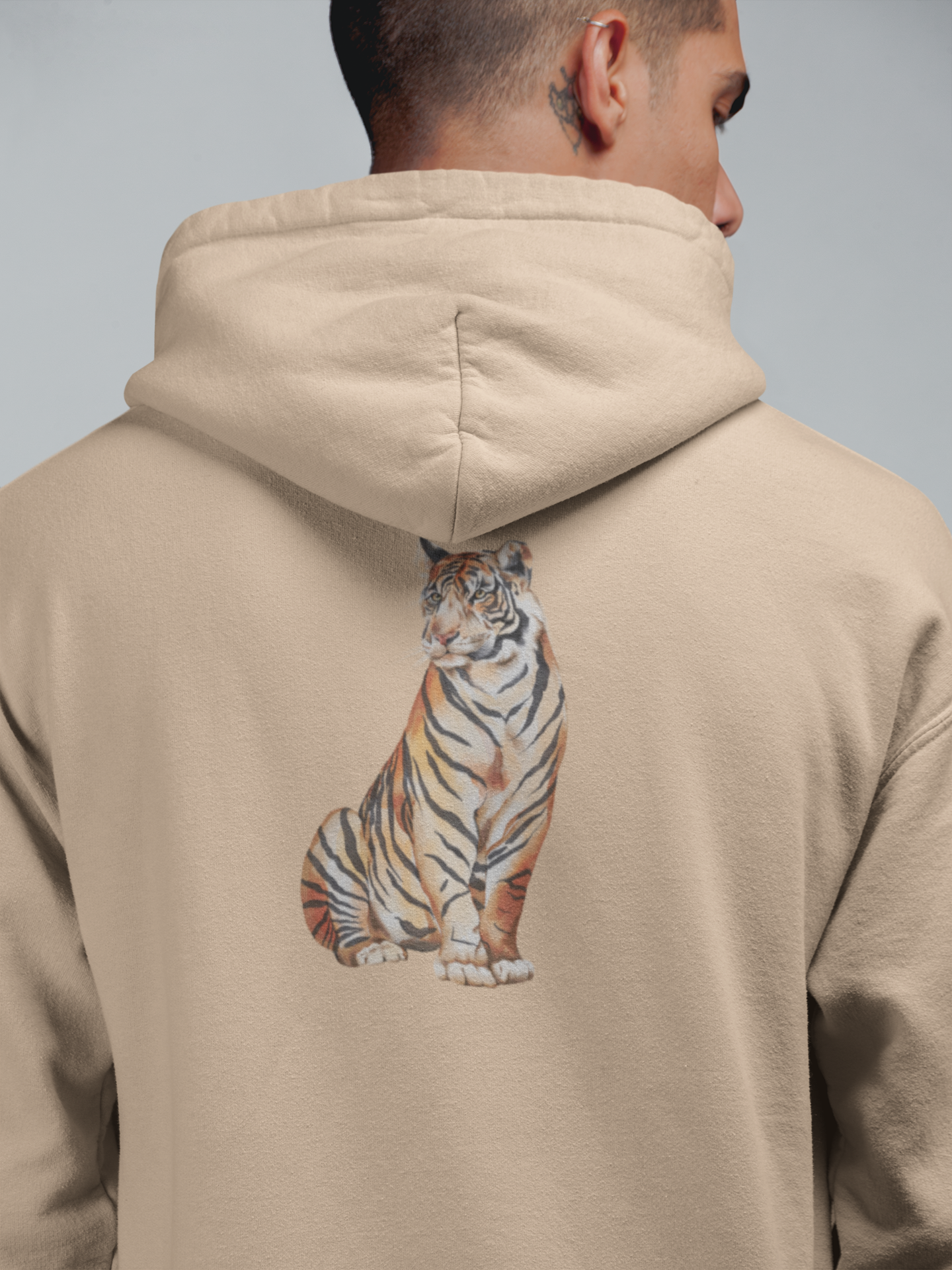 Kaplan Oversize Hoodie M - Arkaya  Baskı - Taş Rengi