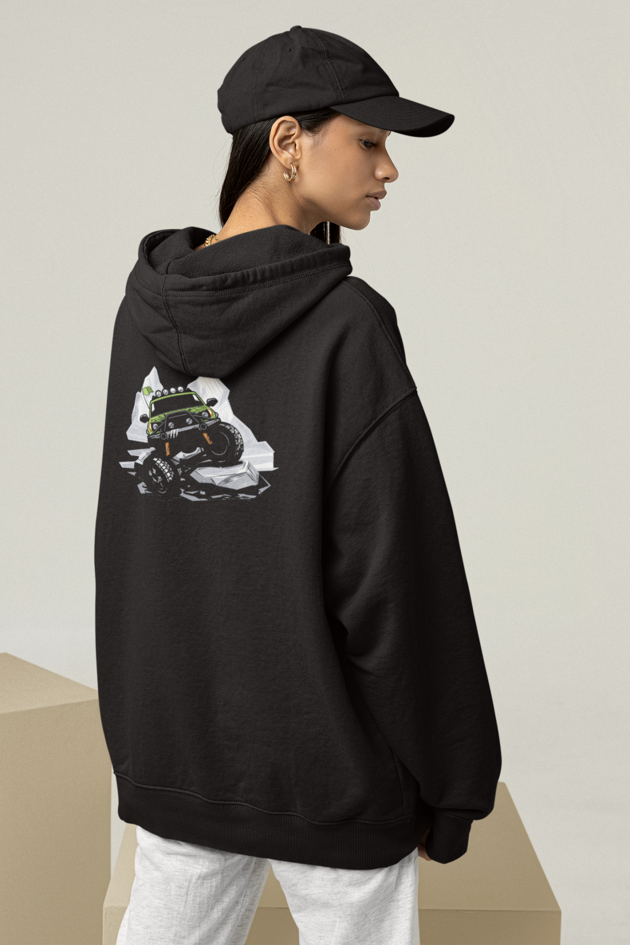 Kayalıklarda Off Road Oversize Hoodie XL - Arkaya  Baskı - Siyah