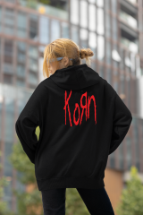 Korn Oversize Hoodie M - Arkaya  Baskı - Siyah