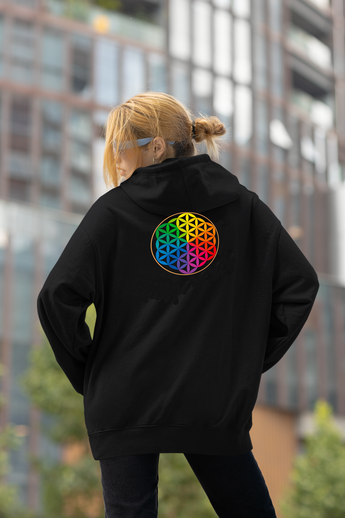 Yaşam Çiçeği Oversize Hoodie M - Arkaya  Baskı - Siyah