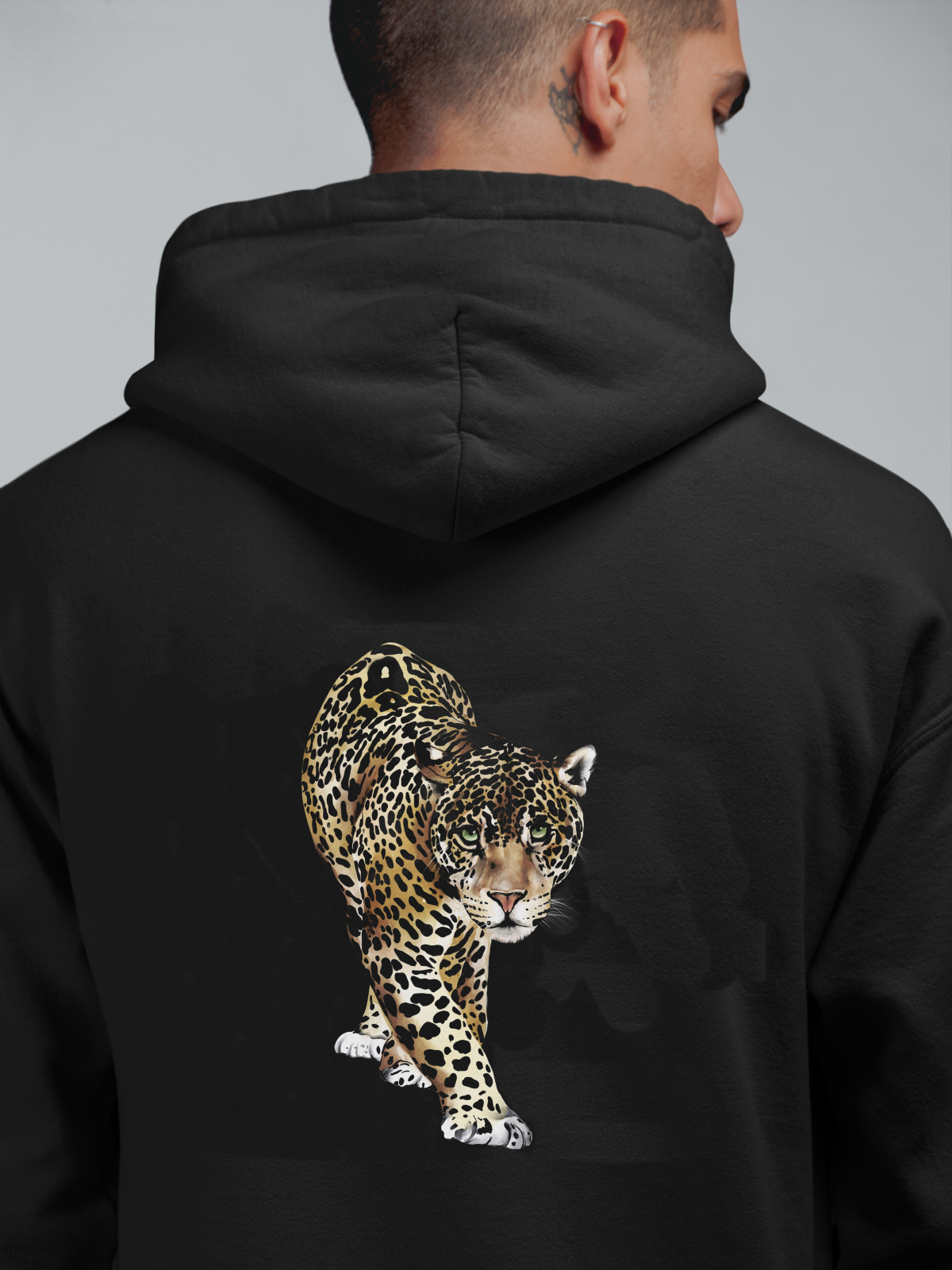 Leopar Oversize Hoodie M - Arkaya  Baskı - Siyah