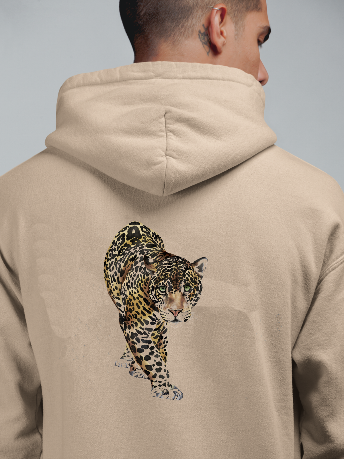 Leopar Oversize Hoodie XL - Arkaya  Baskı - Taş Rengi